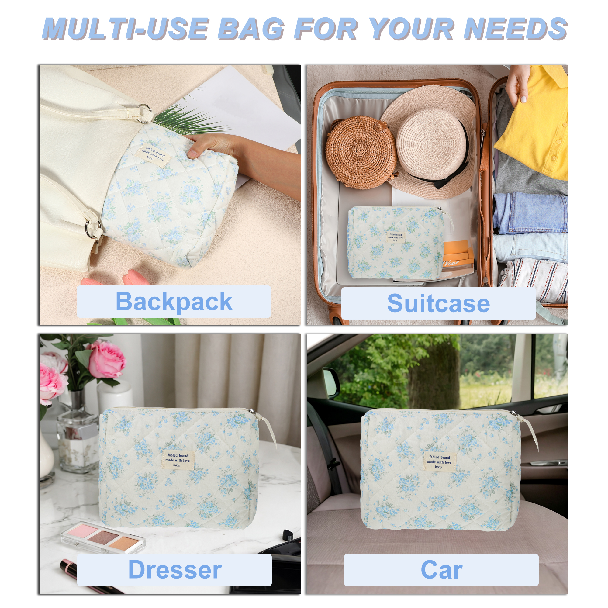 Unique Bargains 2pcs Quilted Makeup BagLarge Capacity White