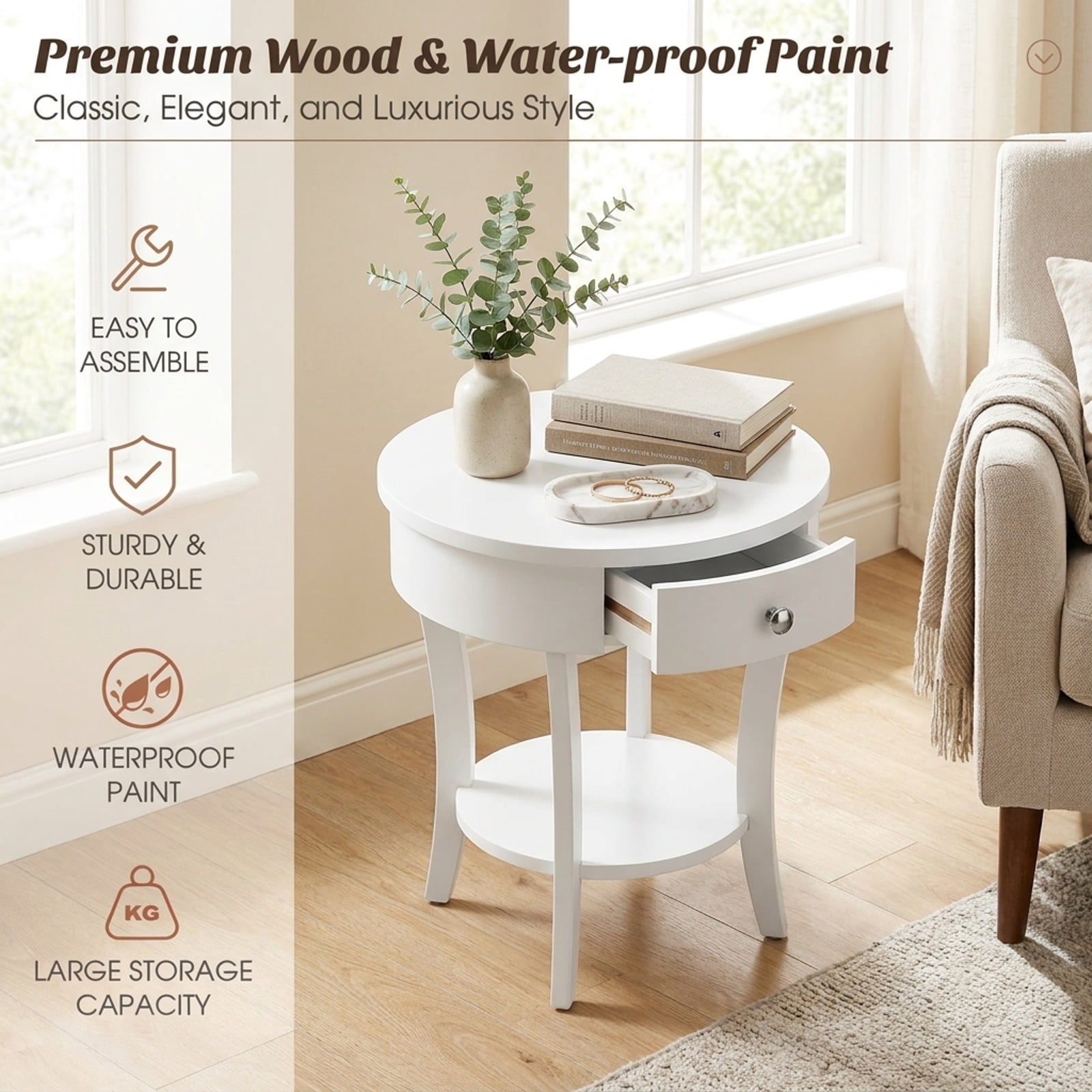 Furnibear 2 Tier Round End Table with Open Drawer and Bottom Shelf and Rubber Wood Legs for Living Room Bedroom and Sofa Side Storage, White