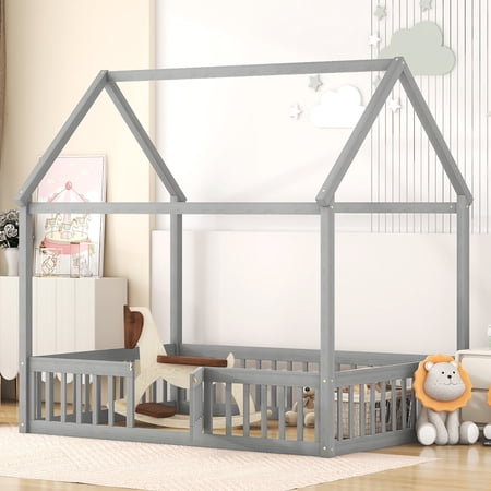 Euroco Full Size Low House Bed with Fence and Door  Gray