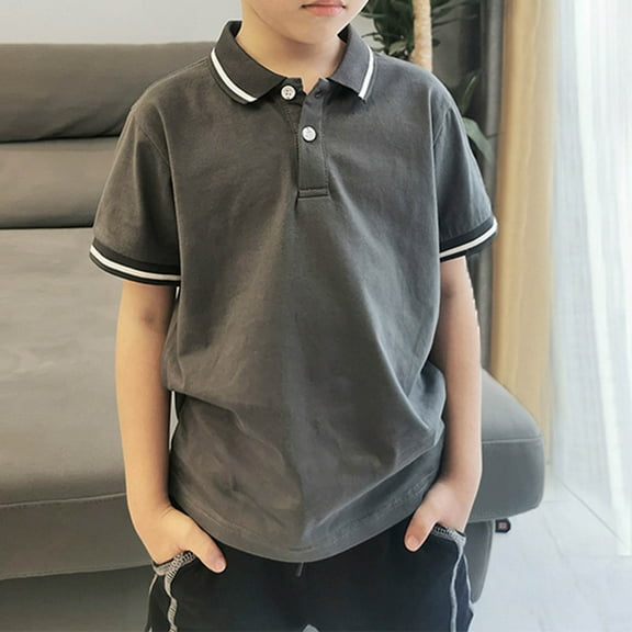 CYRBOKO Boys Short Sleeve Polos, Casual Loose Cotton Summer Shirts Dark Gray Size 8 T