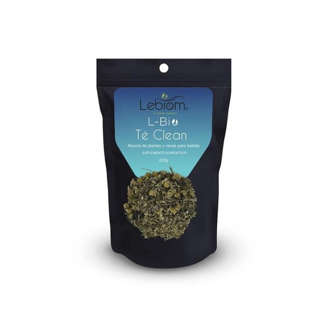 l-bio té clean lebiom hígado graso desintoxicar higado 200gm paquete negro frontal con ventana que muestra mezcla de hojas secas, etiqueta azul con logo Lebiom y texto 'L-Bio Té Clean' 200 g como mezcla de plantas para infusión y suplemento alimenticio; suele usarse como infusión tradicional para la digestión.