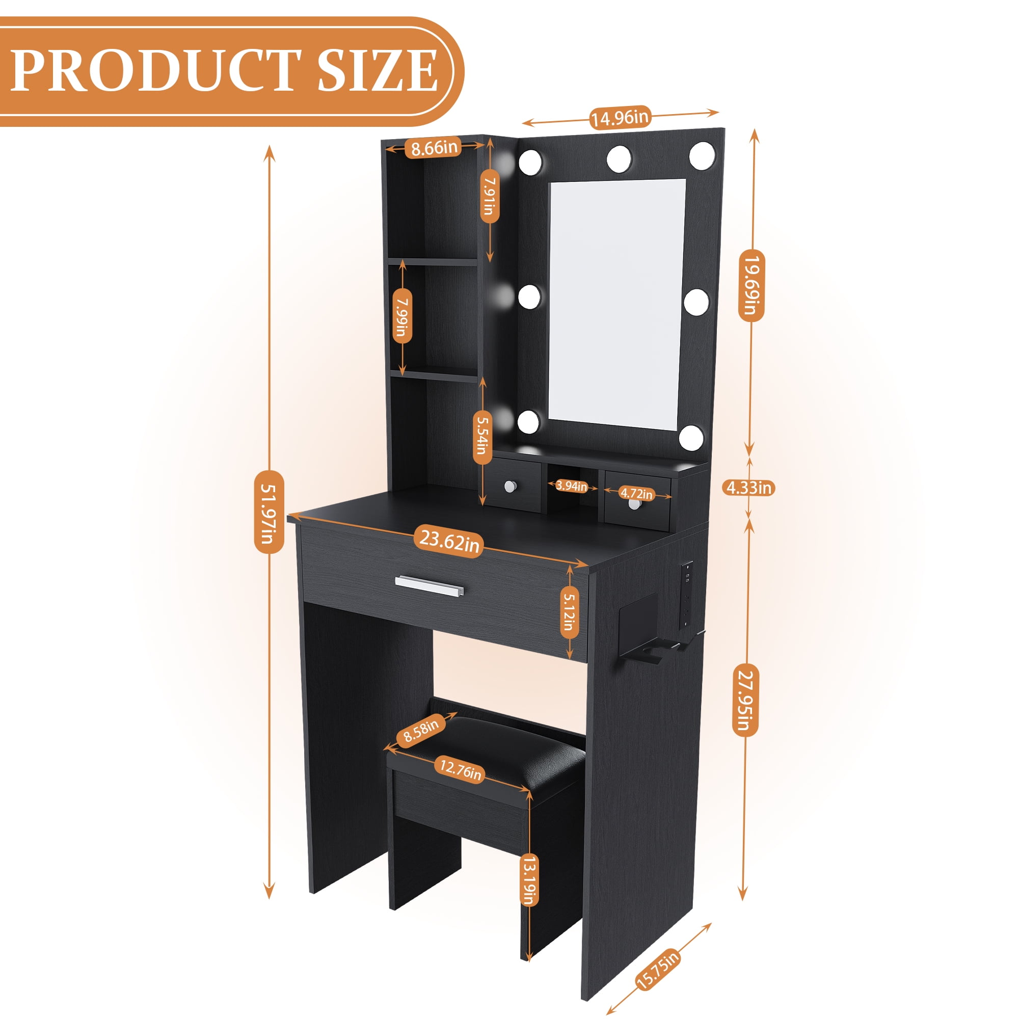 Alvantor Makeup Vanity Table and Chair Set with Mirror & Lights, Built-in Power Outlet & Hairdryer Holder, Black Finish