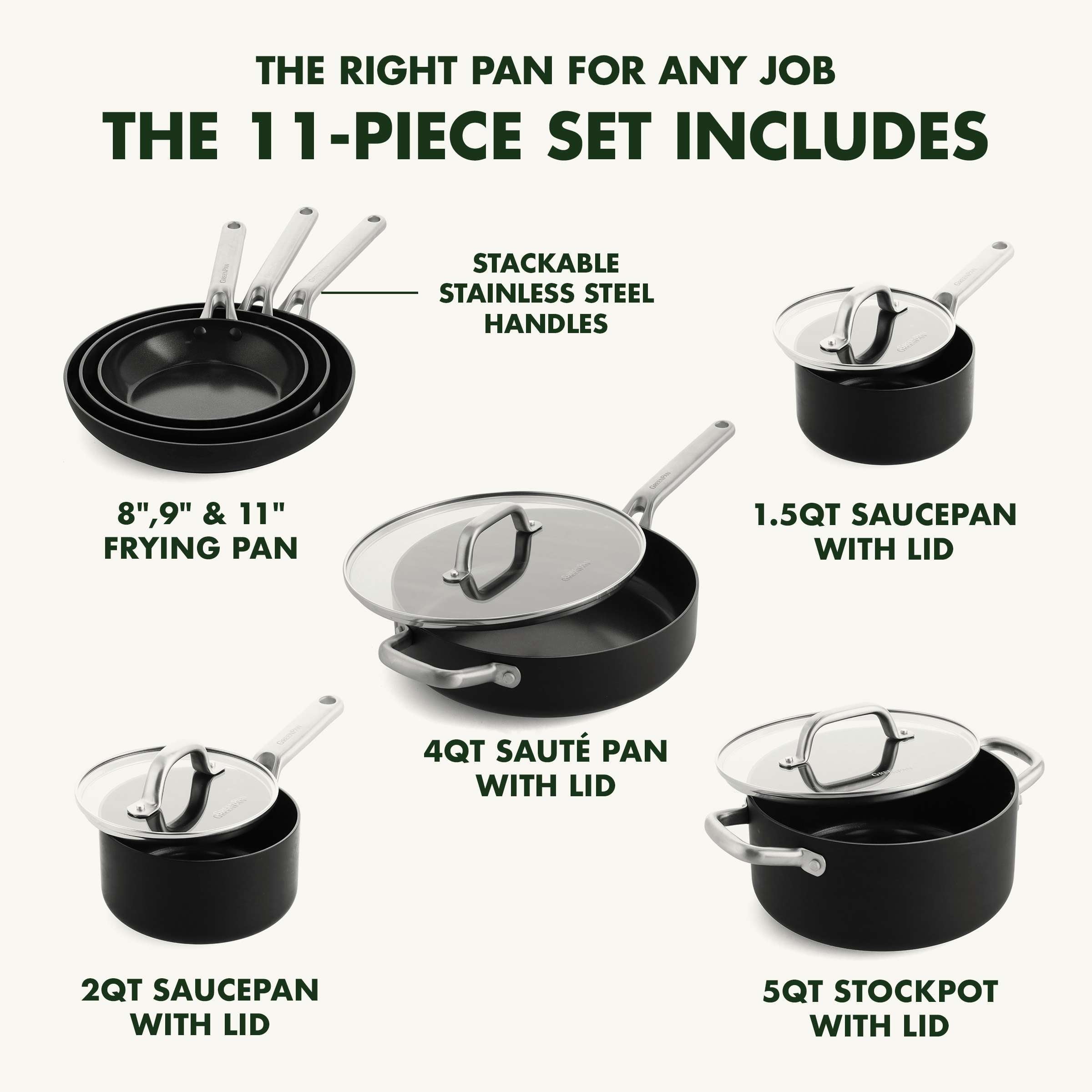 Healthy Non-Toxic PFAS Free Cookware Sets - Performance Pro Ceramic Nonstick 11-Piece Cookware Set by GreenPan