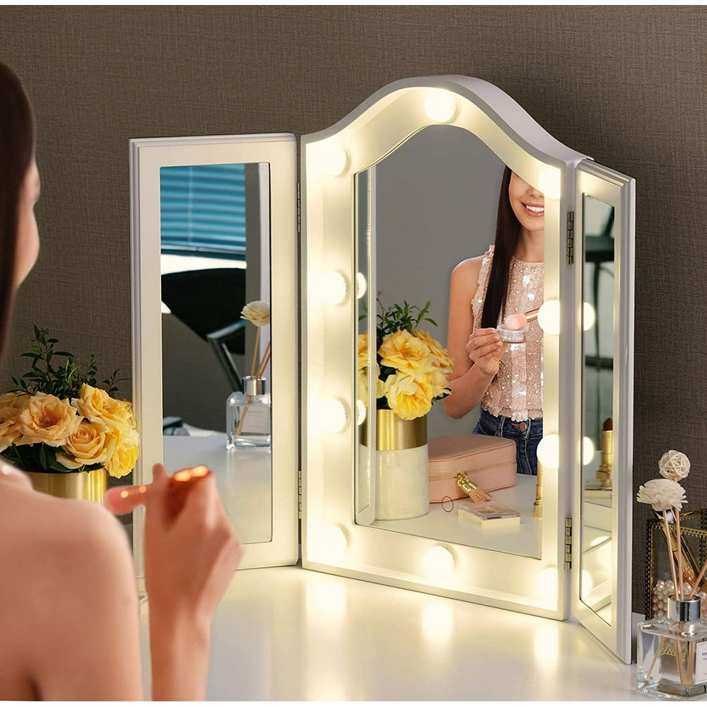 LUXFURNI Vanity Lighted Trifold Makeup Mirror with 10