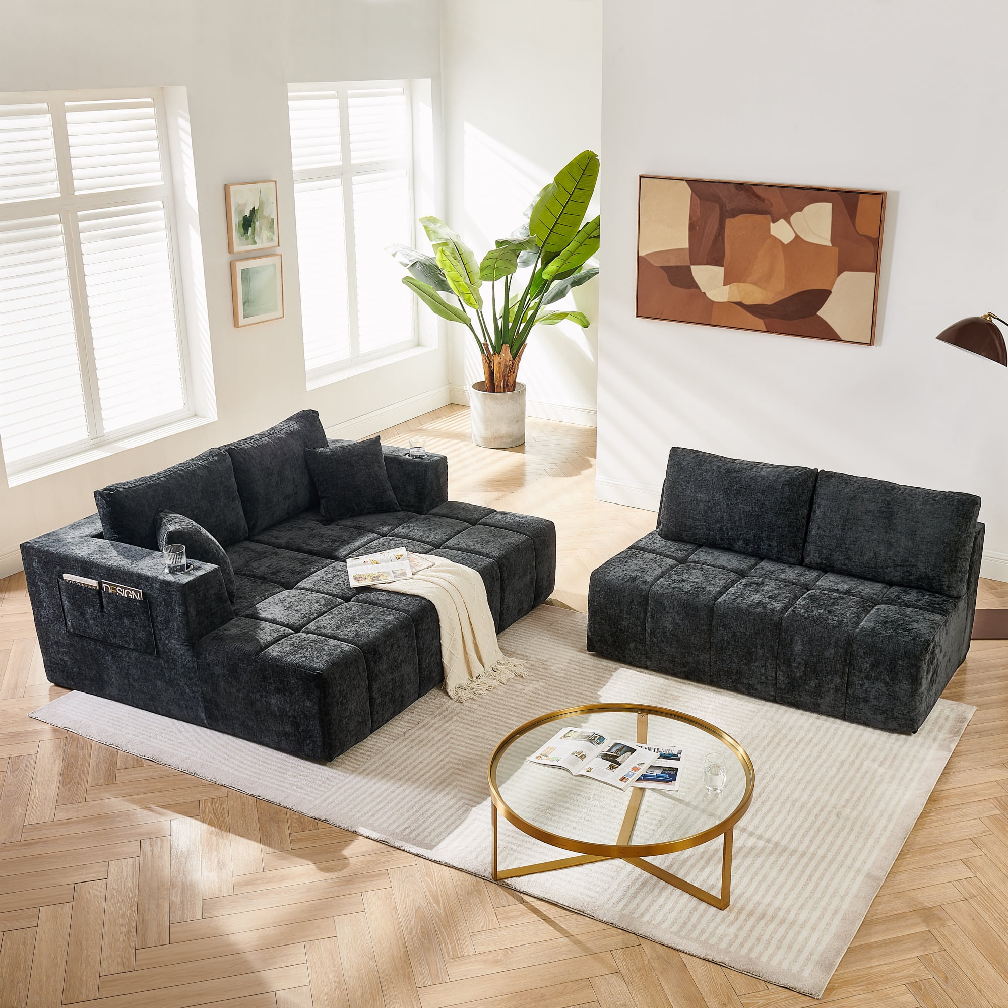 Leumius 132" U-Shaped Chenille Sofa, Cloud Style Boneless Sofa with Lounges, Modern Upholstered Couch with Cup Holders & Side Pockets, Compression Sofa for Living Room, No Assembly Required, Black