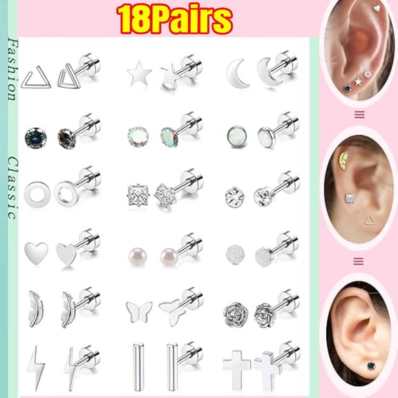 18 Pairs Stainless Steel Crystal Small Ear Studs Earrings For Women Men Cartilage Piercing Jewelry Findings Fashion Trendy Accessories