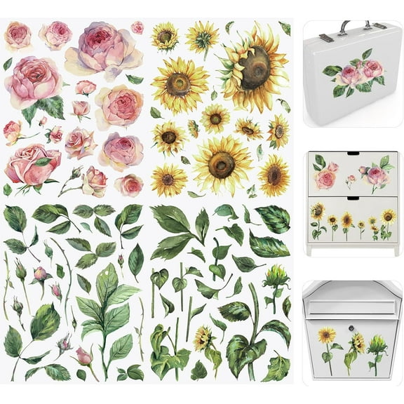 4 Sheets Rub On Transfer Sticker, Pink Flowers Decals Sunflower Waterproof Stickers Furniture Transfers Stickers for DIY Scrapbooking