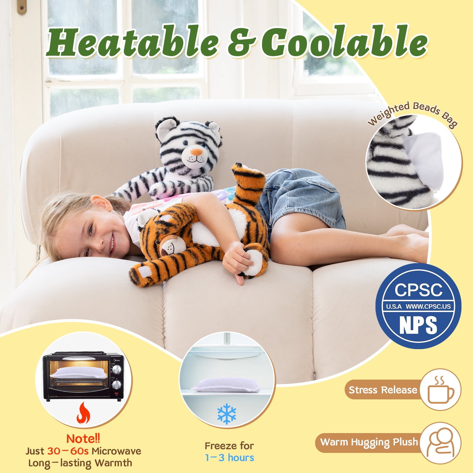 MorisMos Heatable & Coolable Tiger Stuffed Animals Set,Weighted Microwavable/Freezable Cuddly Stuffed Tiger Pair,Long-Arms Hugging Tiger Plush Toys