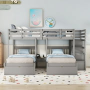 Bellemave Triple Bunk Bed with Stairs for 3, Wood Full over Twin & Twin 3 Bunk Bed with 6 Storage Drawers, Triple Bunk Bed for Teens Adults (Gray)