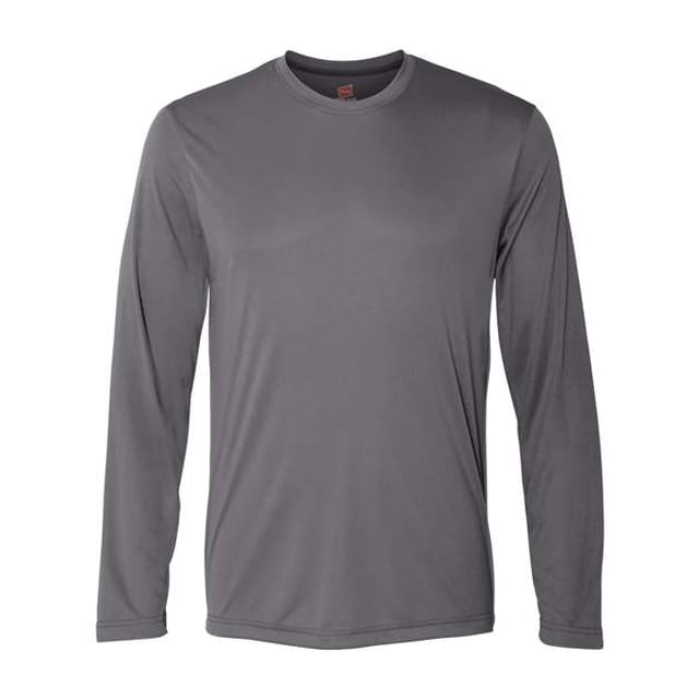 camiseta de manga larga hanes cool dri'performance para hombre grafito xxl, vista frontal centrada de playera color grafito con cuello redondo, tejido liso de punto, mangas largas con puños sencillos y dobladillo recto sobre fondo blanco. También suele usarse como capa ligera para entrenamiento o ropa casual.