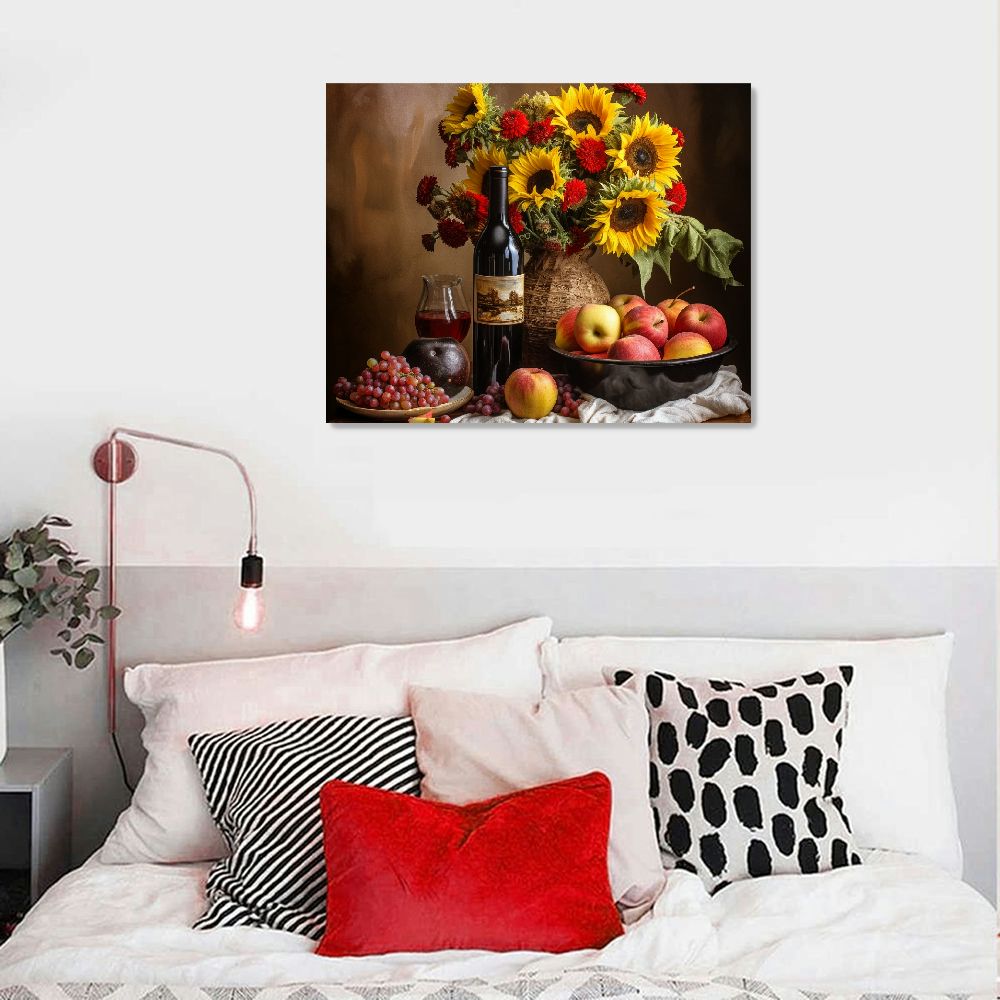 Nawypu Kitchen Wall Art Wine Pictures Wall Decor Large Canvas Wall Art for Living Room Dining Room Brown Vintage Home Decor Neutral Red Wine Bottles Artwork for Walls Sunflower Paintings for Wall