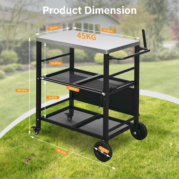 Stainless Steel Foldable Grill Table Cart with Wheels and Storage Shelves for Outdoor Kitchen Island