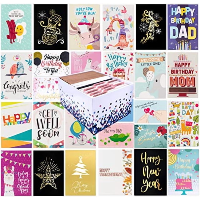 100 All Occasion Greeting Cards- 100 Eye Catching Designs with Greeting Card Organizer Box- Friendship Cards, Anniversary Cards, BFF Cards, Thanks Cards, Wedding Cards & More- 4 x 6 with 100 Envelopes