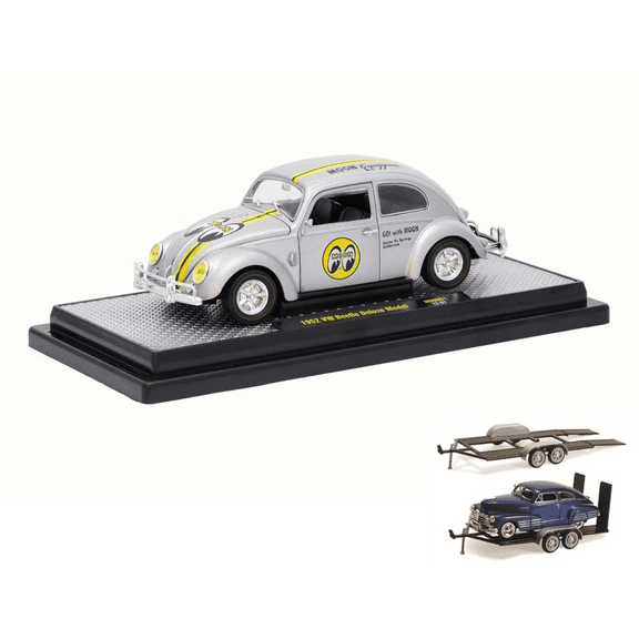 Diecast Car & Trailer Package - 1952 Mooneyes Volkswagen Beetle Deluxe Model, Silver - Castline M2 MN01B - 1/24 Scale Diecast Model Toy Car w/Trailer