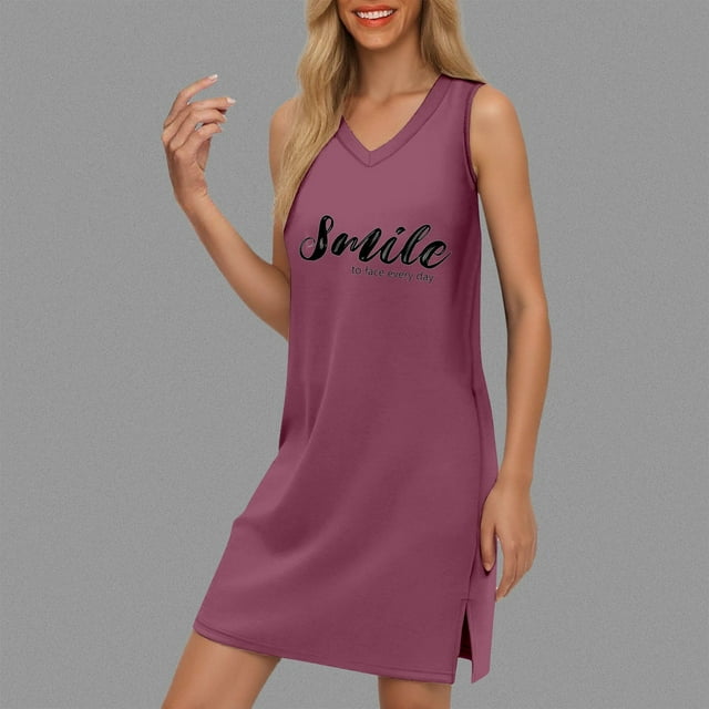 WILLBEST Vestidos De Verano Para Mujer, Belleza, Con Escote En V, Color Sólido, Sin Mangas, Abertura, Suelto Y Cómodo, Vestido De Playa Con Estampado De Letras