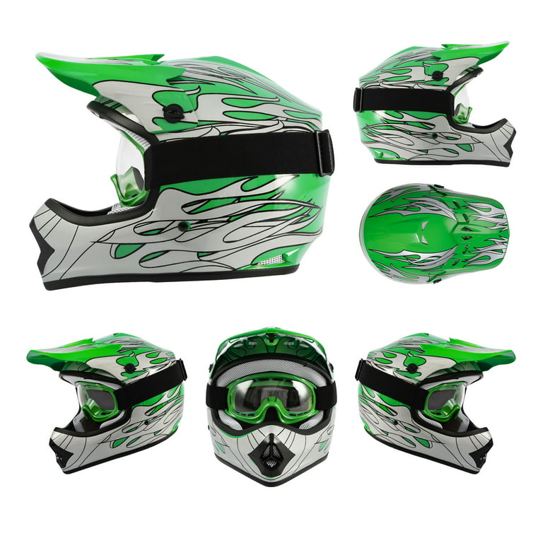 TCMT DOT Motorcycle Helmet for Kids Green Flame with Goggles & Gloves for  Atv Mx Motocross Offroad Street Dirt Bike Youth L Size