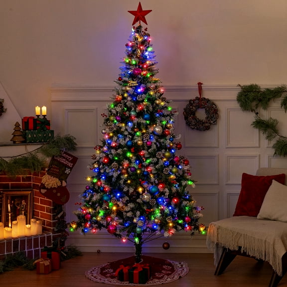 BSHAPPLUS® 7.5ft Pre-Lit Artificial Christmas Trees,Pre-Decorated Green Xmas Tree with 1700 Branch Tips,650 LED Lights,50 Pinecones and Berries for Home, Office and Party Decor