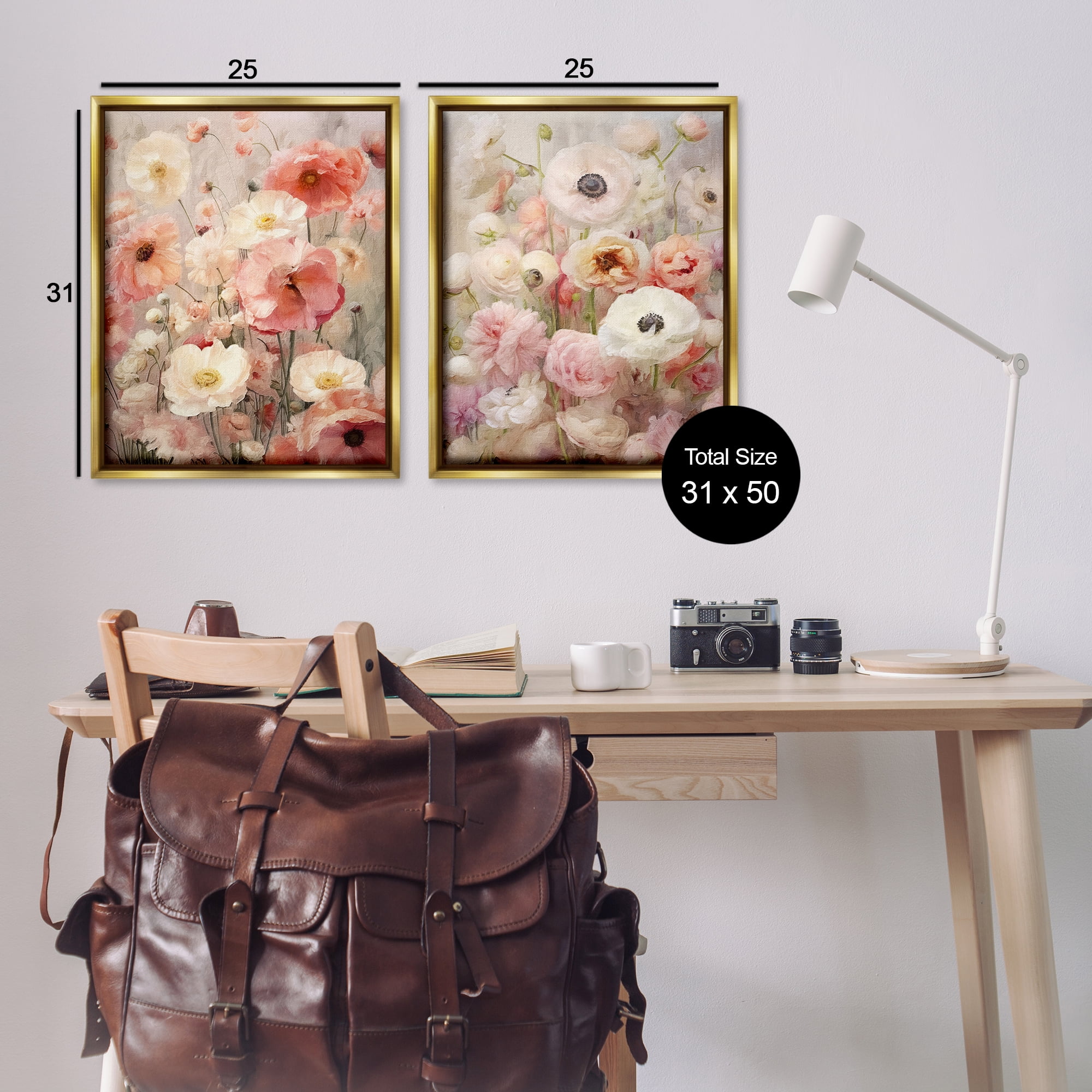 Stupell Industries Blush Floral Flowers Plants & Flowers Painting Gold Floater Framed Canvas Art Print Wall Art, 31 x 25, Set of 2