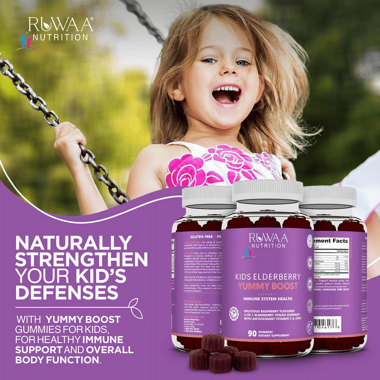 Ruwaa Nutrition Kids Elderberry Gummies with Zinc and Vitamin C Immune Support 90 Capsules with Box