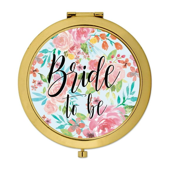 Koyal Wholesale Compact Mirror Bride to Be Wedding Gift, Gold, Tea Party Pink Floral Flowers, 1-Pack