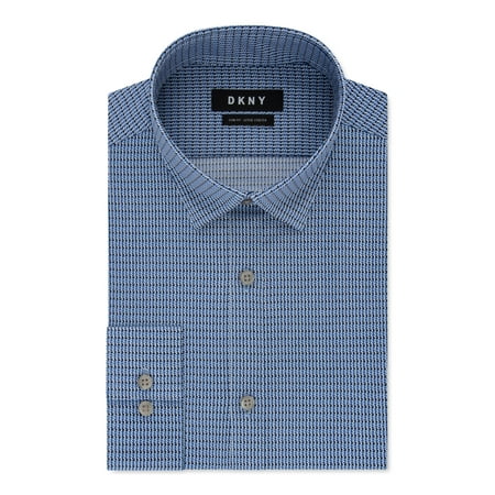 DKNY Mens Blue Printed Collared Slim Fit Stretch Dress Shirt M 15.5- 34/35