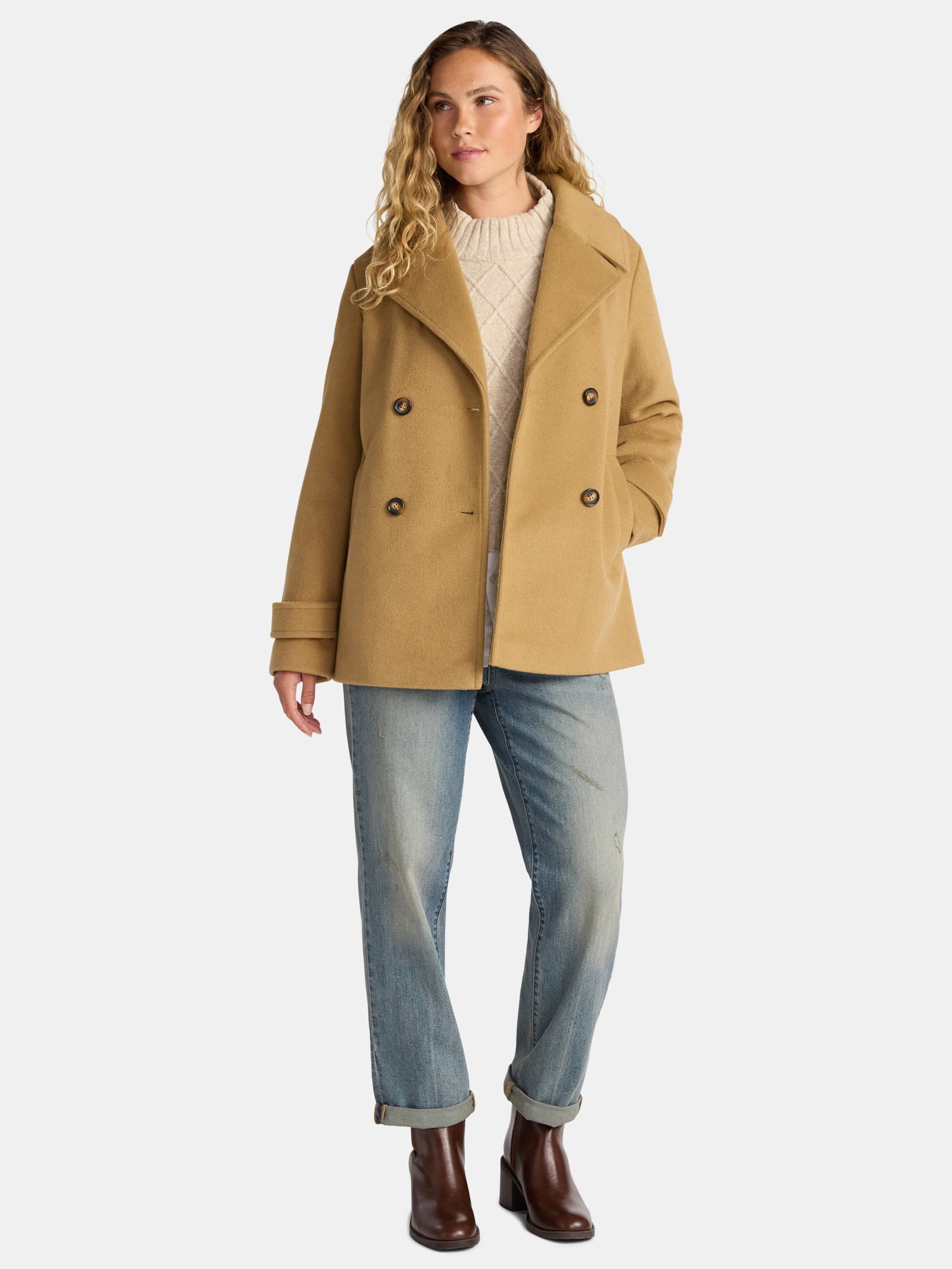 Time and Tru Women's and Women's Plus Faux Wool Peacoat, Sizes XS-3X