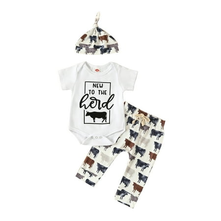 

allshope Baby 3Pcs Summer Outfits Short Sleeve Cow Letter Print Romper + Pants + Knot Hat Set