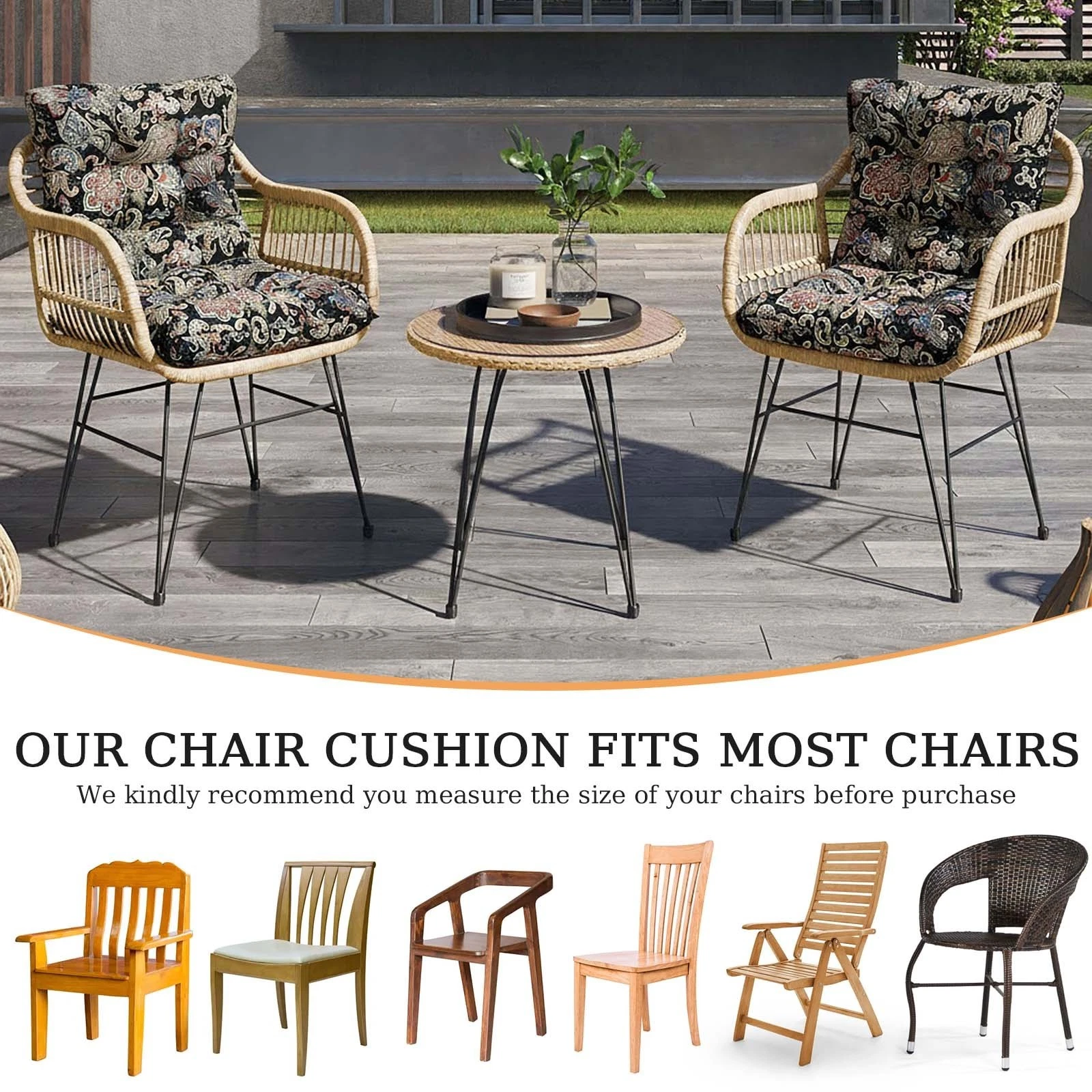 TOPCHANCES Indoor/Outdoor Chair Cushions 42'' x 21'' x 3", Waterproof Tufted Thick Patio Wicker Chair Seat Cushion Rocking Chair Cushion (Black & Printed, Set of 4)