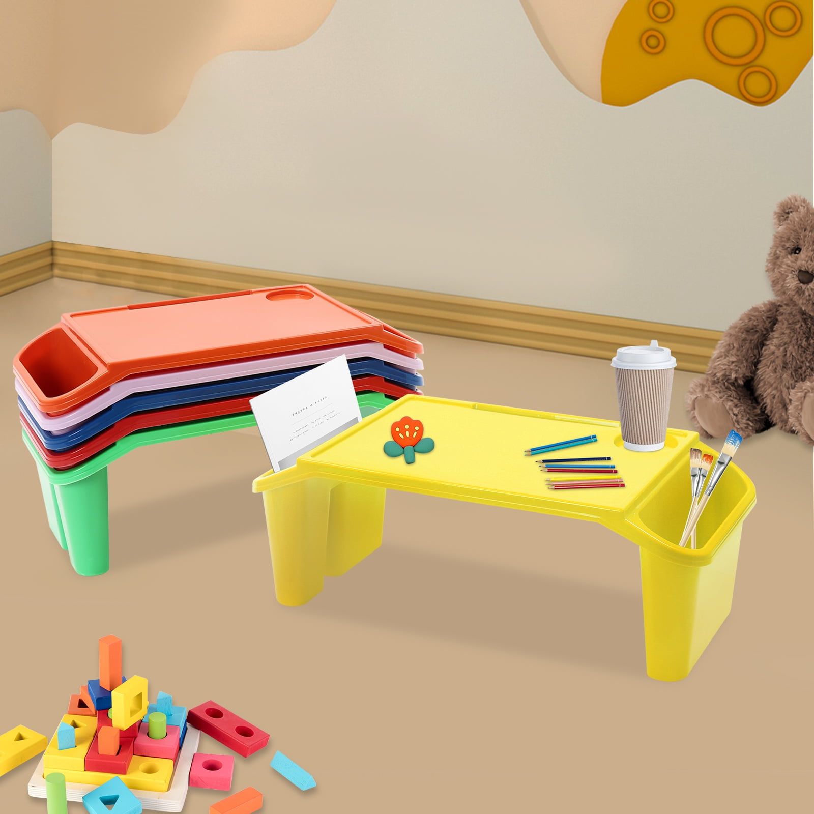 Peakora 6PCS Kids Lap Desk Tray, Portable Lap Desks with Side Pockets, Plastic Breakfast Lap Desk Trays for Writing Eating Game Classroom