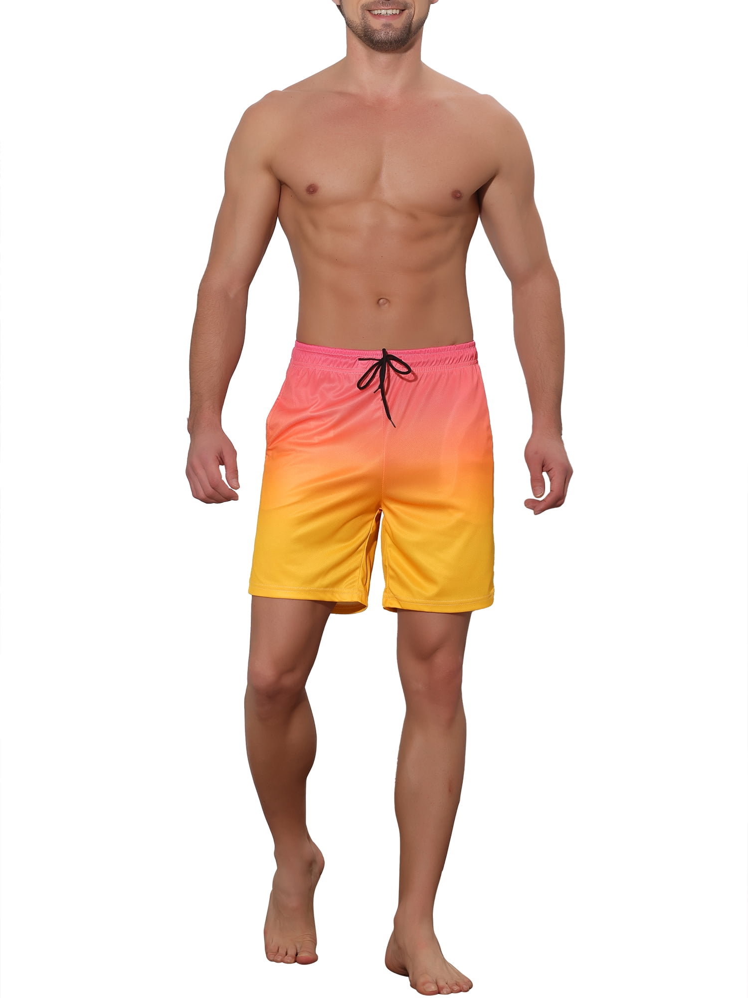 Unique Bargains Men's Contrast Color Summer Beach Colorful Swimwear Shorts 30 Pink Yellow