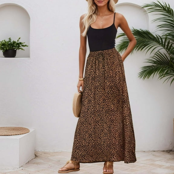 Wuxian Women'S Summer Skirts High Waist Long Leopard Print Casual A Line Midi Skirt Vacation Comfortable Stretchy Soft Flowy Chiffon Elastic Waist Maxi Skirts,Brown,XL