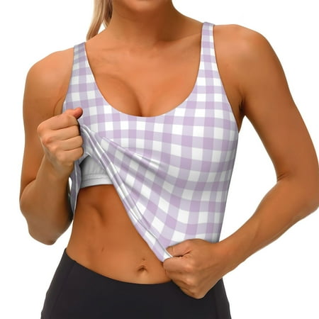 Qokaie Purple Checkboard Pattern Womens Scoop Neck Sports Bra Breathable Workout Vest Padded U Back Medium Impact Fitness Gym Yoga Bra Workout Crop Top