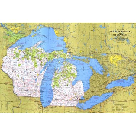 Wisconsin Fishing Maps - 1973 Close-up USA, Wisconsin, Michigan, and the Great Lakes Map Geography Education Print Wall Art By National Geographic Maps