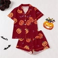 thumbnail image 2 of CUZIBR Womens Pajama Sets Halloween Pumpkin Ghost Bat Spider Web Print Lapel Collar Short Sleeve Shirt Shorts 2 Pieces Sleepwear Loungewear,32-Red, 2 of 9