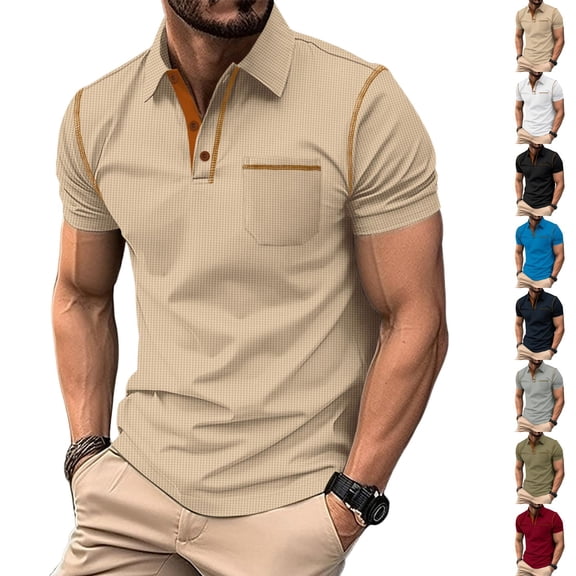 Hearthz Waffle Henley Polo Shirts for Men with Pocket Button Up Collared Men's Short-Sleeve Shirt Casual Slim Fit Men Workout Shirts ,Blue XXXL