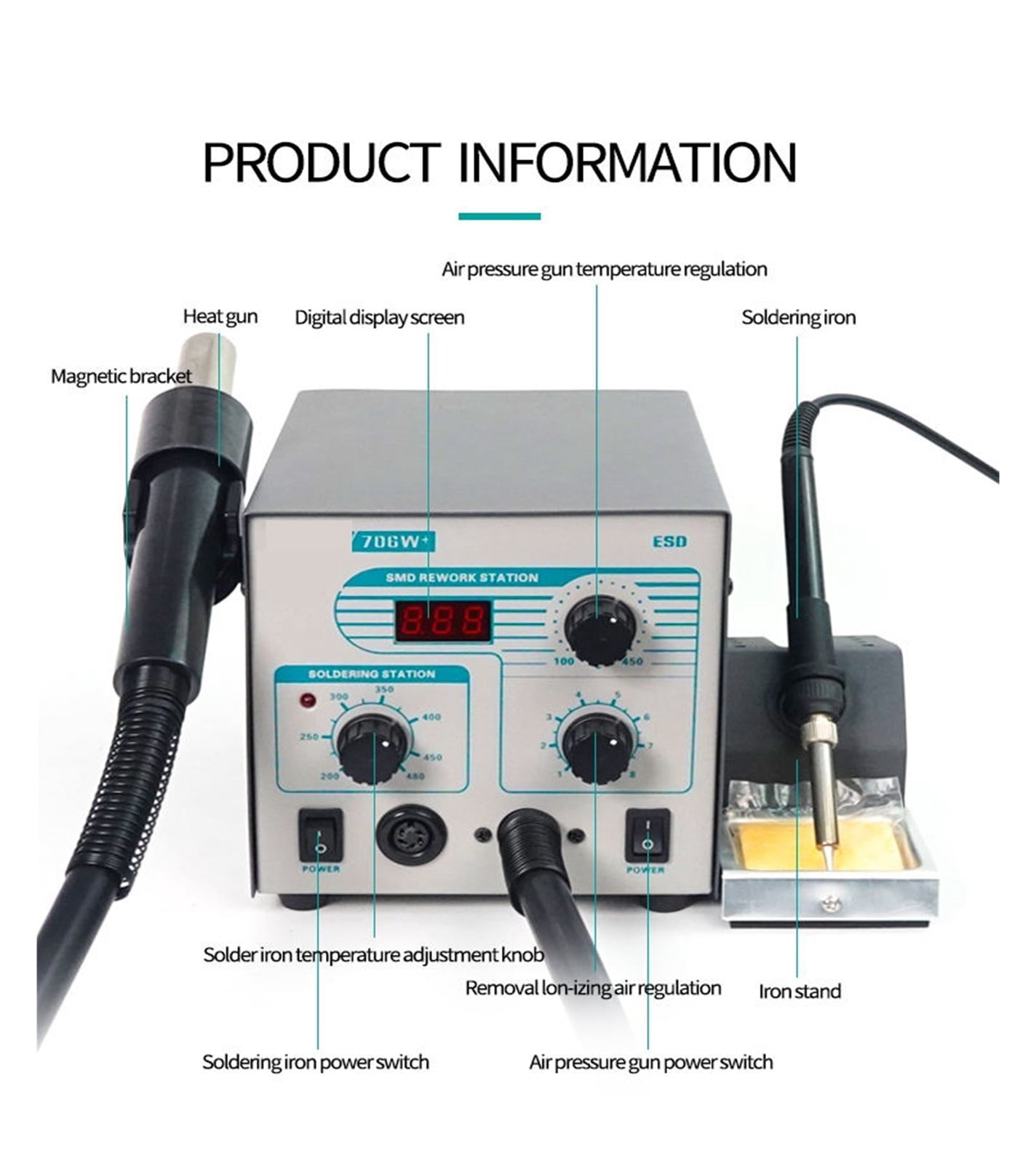 706W+ 2 In 1 Soldering Iron Stations Lead-Free Desoldering Repair Tools Rework Hot Air Gun ,Complete Set