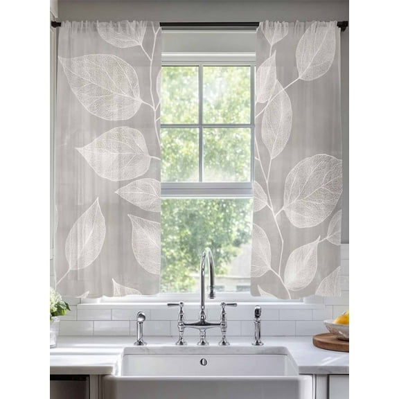 Grey Botanical Leaves Sheer Curtains for Living Room Bedroom Modern Vintage Branches Sheer Curtains 63 Inch Long 2 Panels Set Light Filtering Curtain Window Treatments Drapes for Dining Room