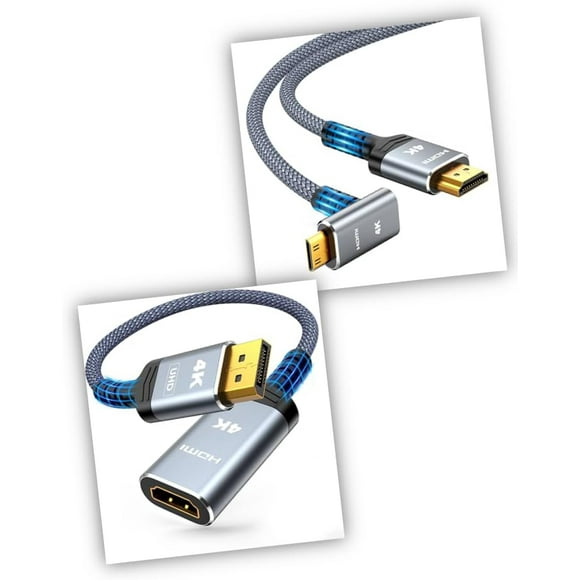 TianQi 4K 90 Degree Mini HDMI to HDMI 2.0 Cable 3.3FT & 4K DisplayPort to HDMI Adapter
