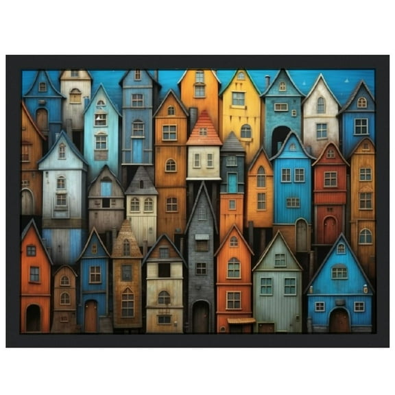 JRXY Abstract Houses Building Canvas Prints Framed Modern Wall Art Ready to Hang for Home Decor Holiday Decoration 16x12in