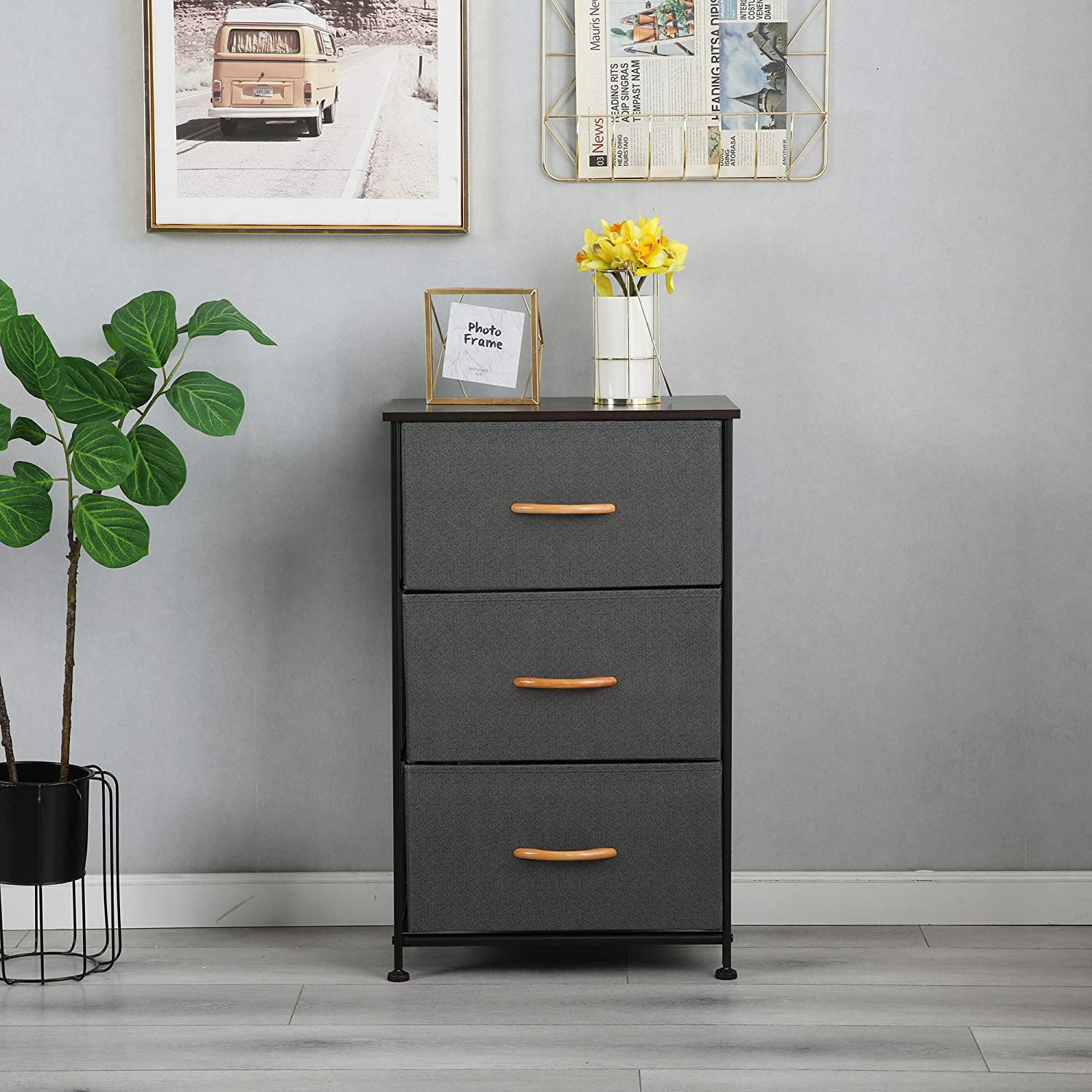 Grey Wooden Top Hallway- Sturdy Steel Frame Dresser for Bedroom with 9 Drawers,Fabric Dresser Tower for Closets,Bedroom