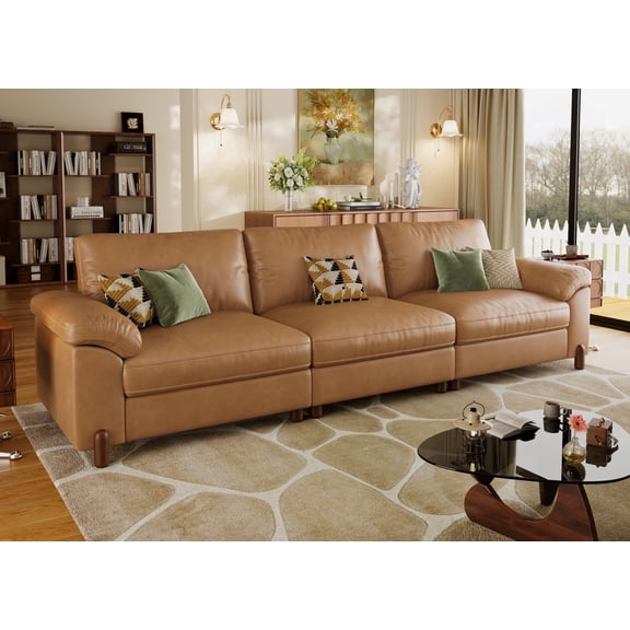 Modular Sectional Sofa with Removable Washable Covers, Oversized Deep Seat 3 Seater Couch, Pet-Friendly Leather in Brown