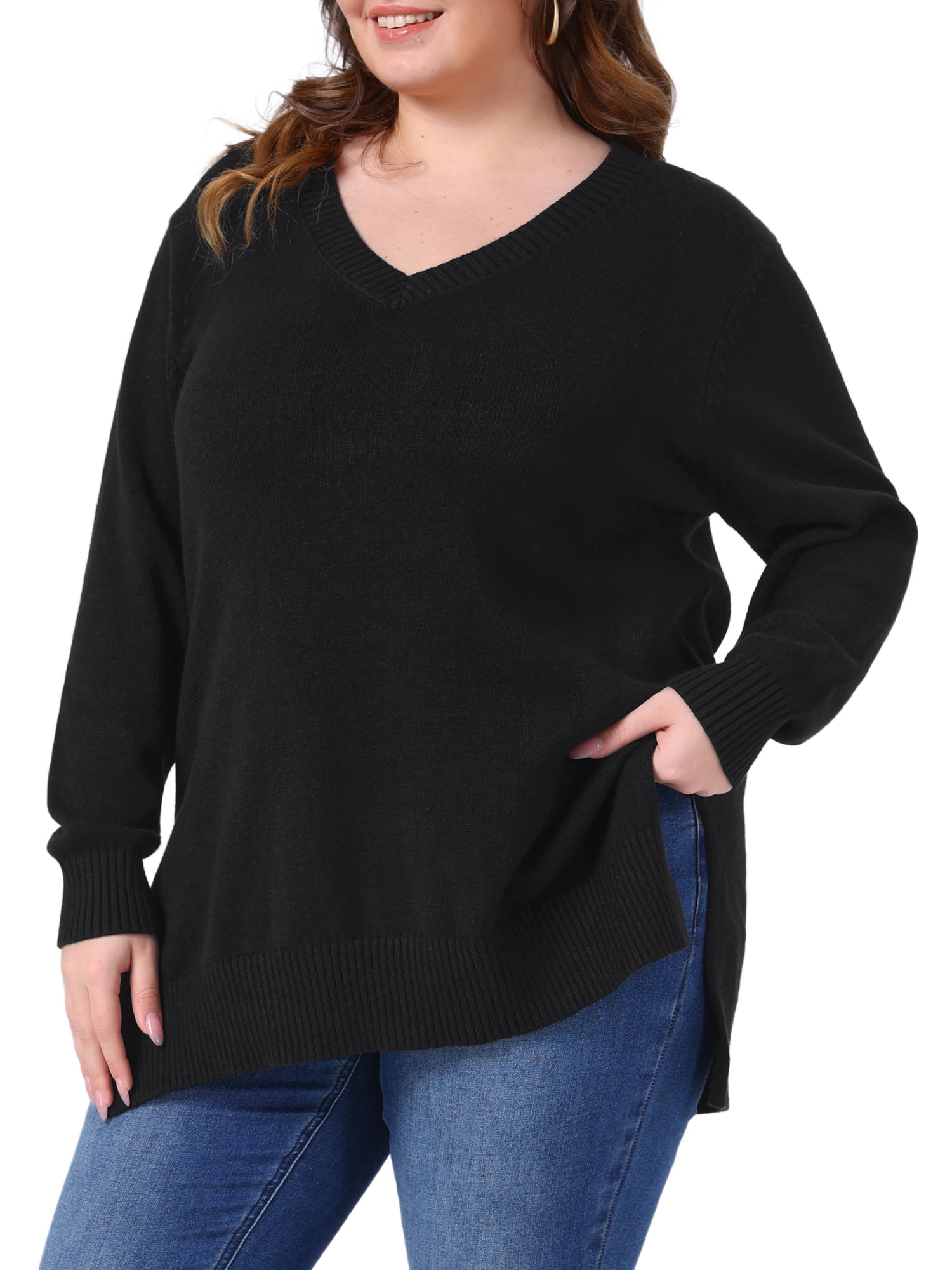 DARING DIVA Women's Plus Casual V Neck Long Sleeve Pullover Sweater 3X Black