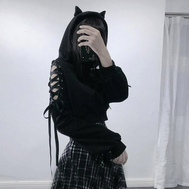 yievot Womens Long Sleeve Cute Cat Ear Pullover Hoodie Crop Top Gothic Cold Shoulder Lace Up Sweatshirt Hoodies