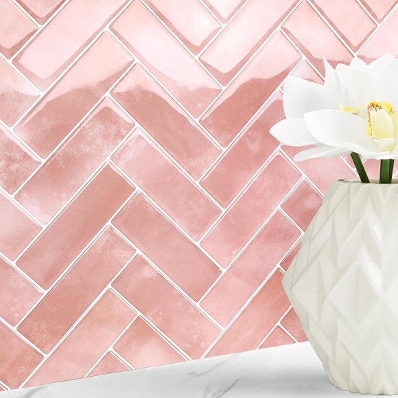 Livelynine 16-Tiles Pink Peel and Stick Tile Backsplash for Bathroom Wall Tiles Peel and Stick Waterproof Shower Tile 12x12" Dusty Pink Herringbone Subway Tile Back Splash Stick on Tiles for Kitchen