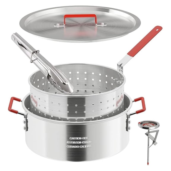 10QT Aluminum Fish Fryer Pot | with Lid & Tong | Deep Fryer with Basket | Indoor & Outdoor Cooking | All-Round Protection | Accessory Gift Pack | Perfect For Boiling ＆ Frying