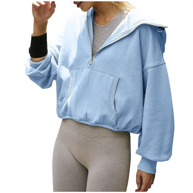 Timegard Chandail en Molleton Demi-Fermeture à Glissière pour Femmes Chandails à Capuchon Court Chandail d'Automne Décontracté Ample avec Poches