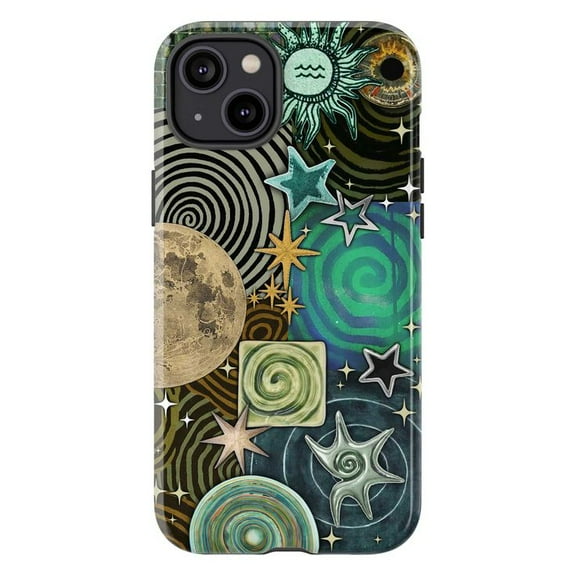 Mystic Green Galaxy Phone Case, Trippy Celestial Spiral Star Moon Aesthetic Protective Cover for iPhone 16 15 14 13 12 11 Pro Max Plus Mini