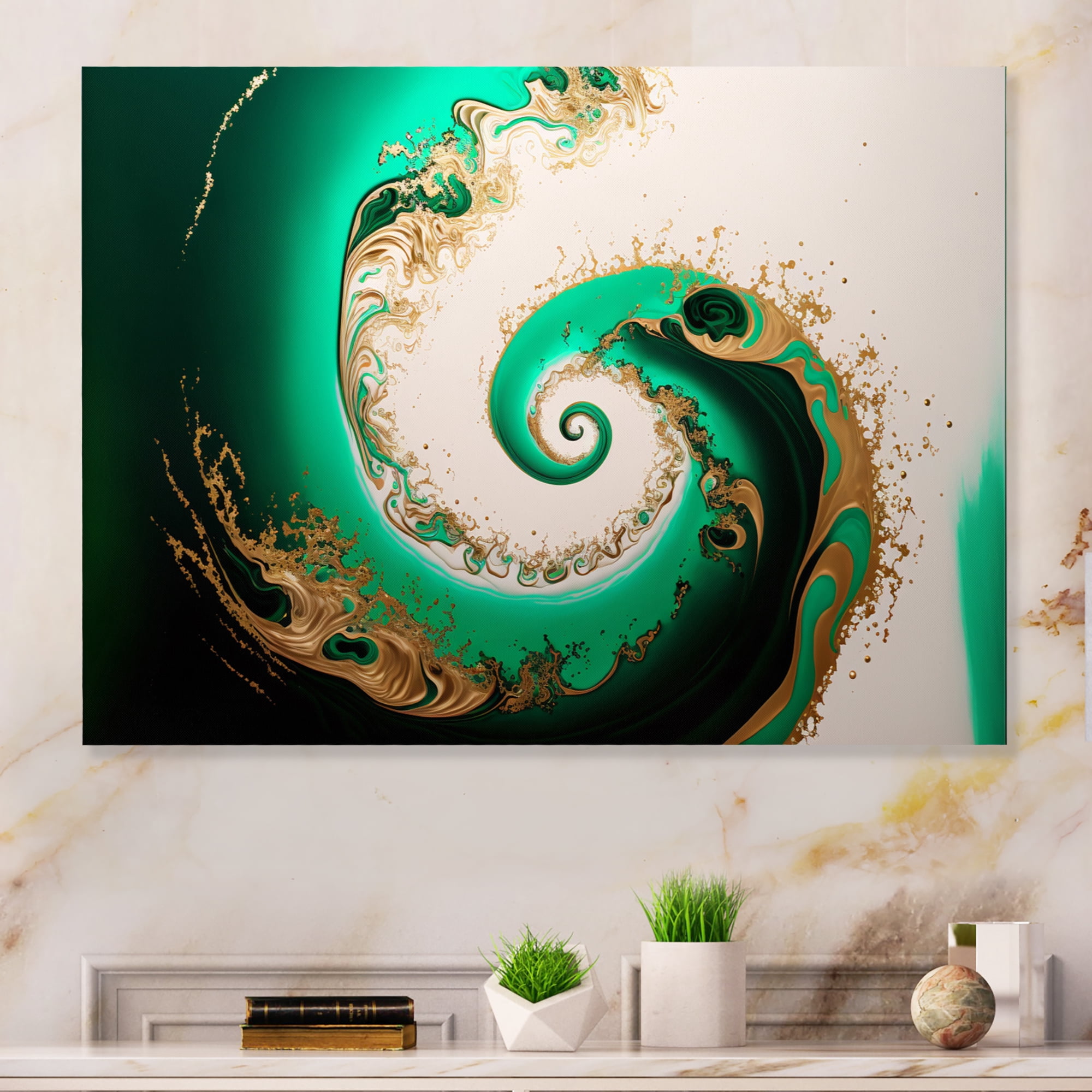 Designart Green And Gold Crashing Waves II Canvas Wall Art
