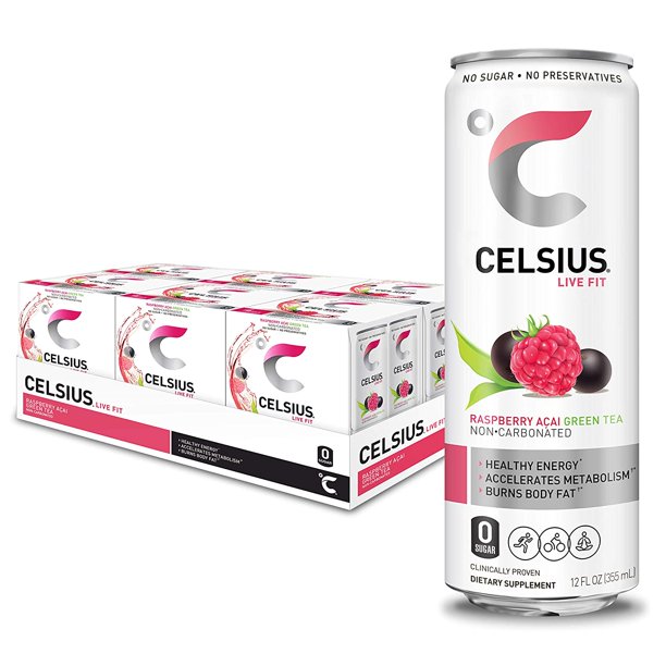 CELSIUS Essential Energy Drink 12 Fl Oz, Raspberry Acai Green Tea (Pack
