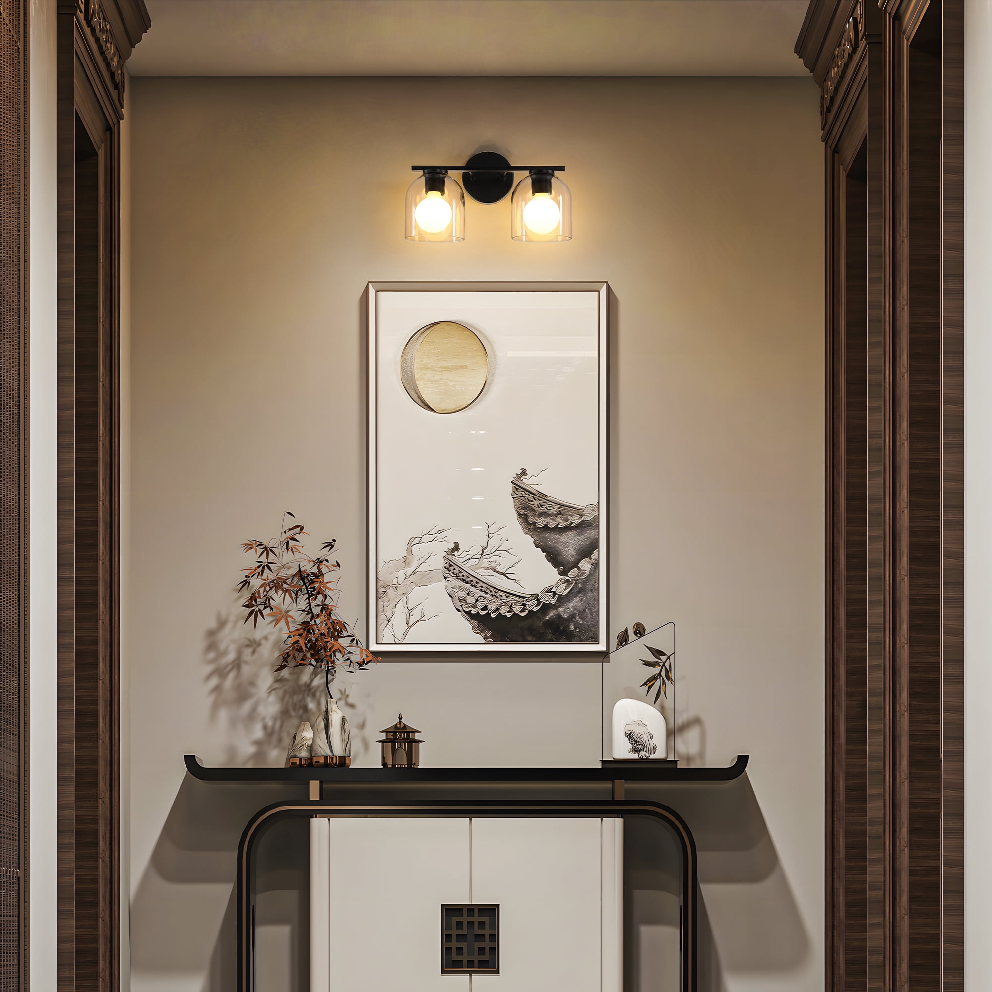 Modern Bathroom Light Fixtures, 2 Light Vanity Lights Over Mirror, Black Wall Lamp with Clear Glass Shade for Living Room Cabinet Bedroom Porch